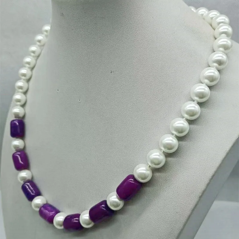 Chaînes Charmantes Perles Rondes de Nacre Blanche de 10 mm et Collier Cylindrique Sugilite 10x14 mm Bijoux de Mode 20 Pouces_voghion.com