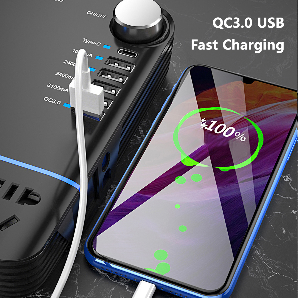 Auton virtamuunnin 12 V, 24 V - 220 V, 200 W:n muunnettu siniaaltomuunnin, 3 AC-pistorasiaa, 6 USB QC3.0 PD -pikalatausvirtainvertteri_voghion.com