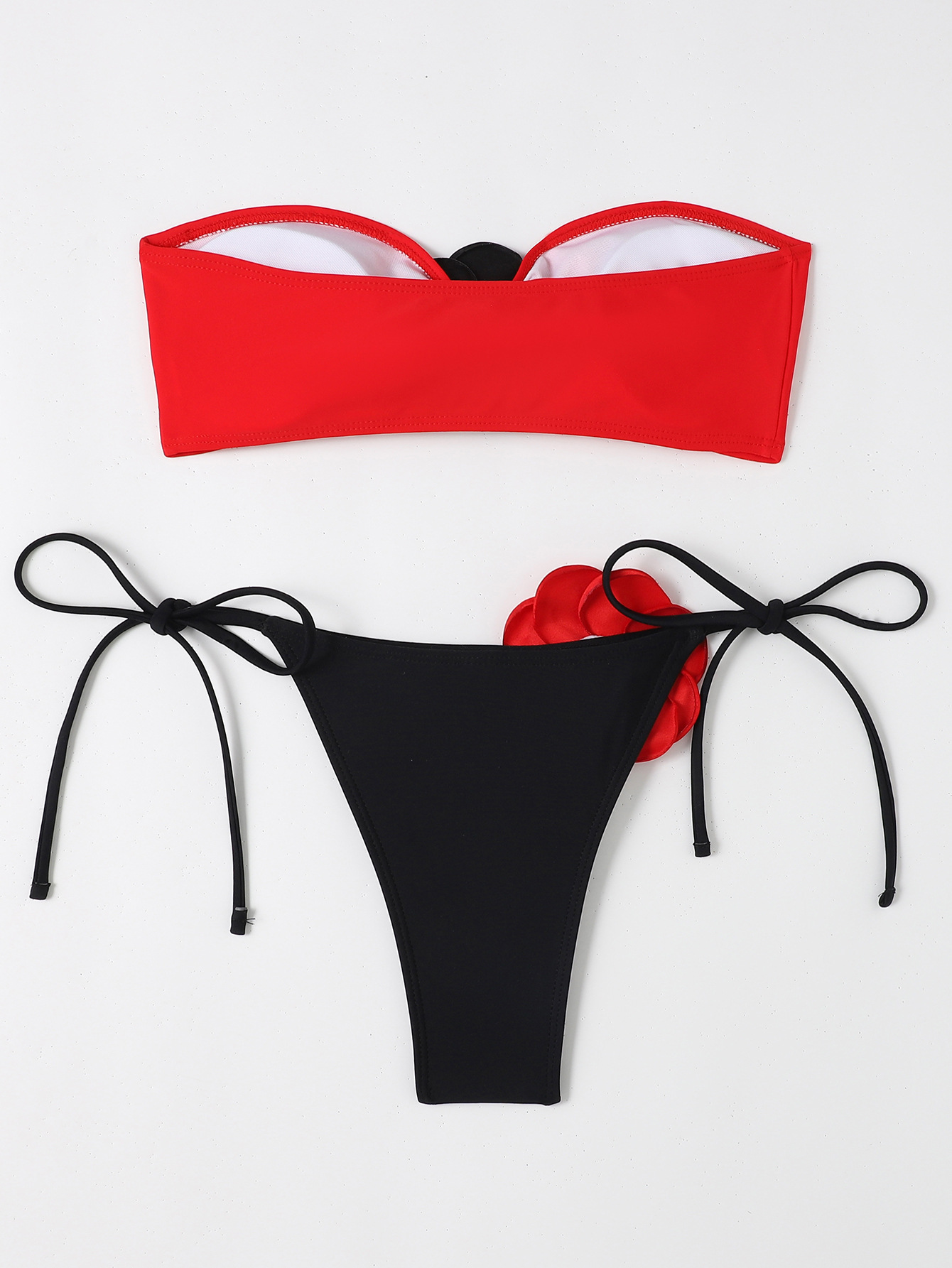  Maillot de bain à lacets pour femmes, couleur contrastée, fleur 3D, haut tubulaire fendu, bikini de plage à la mode_voghion.com