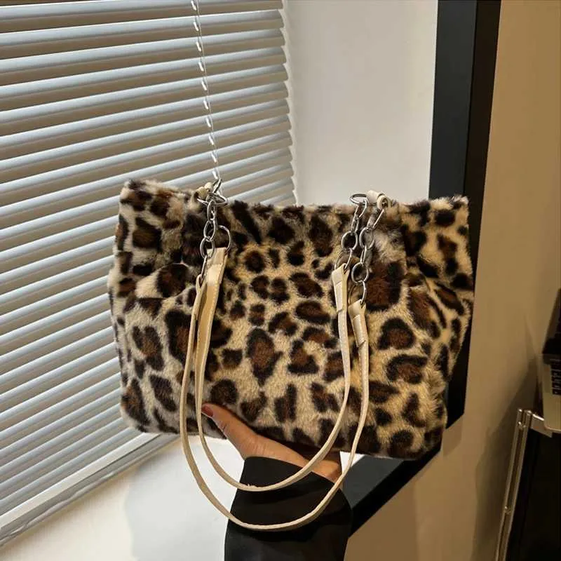 Sac à main en peluche à motif léopard vibrant, simple, grande capacité, moelleux, à bandoulière, style coréen, mode décontractée, chaîne_voghion.com