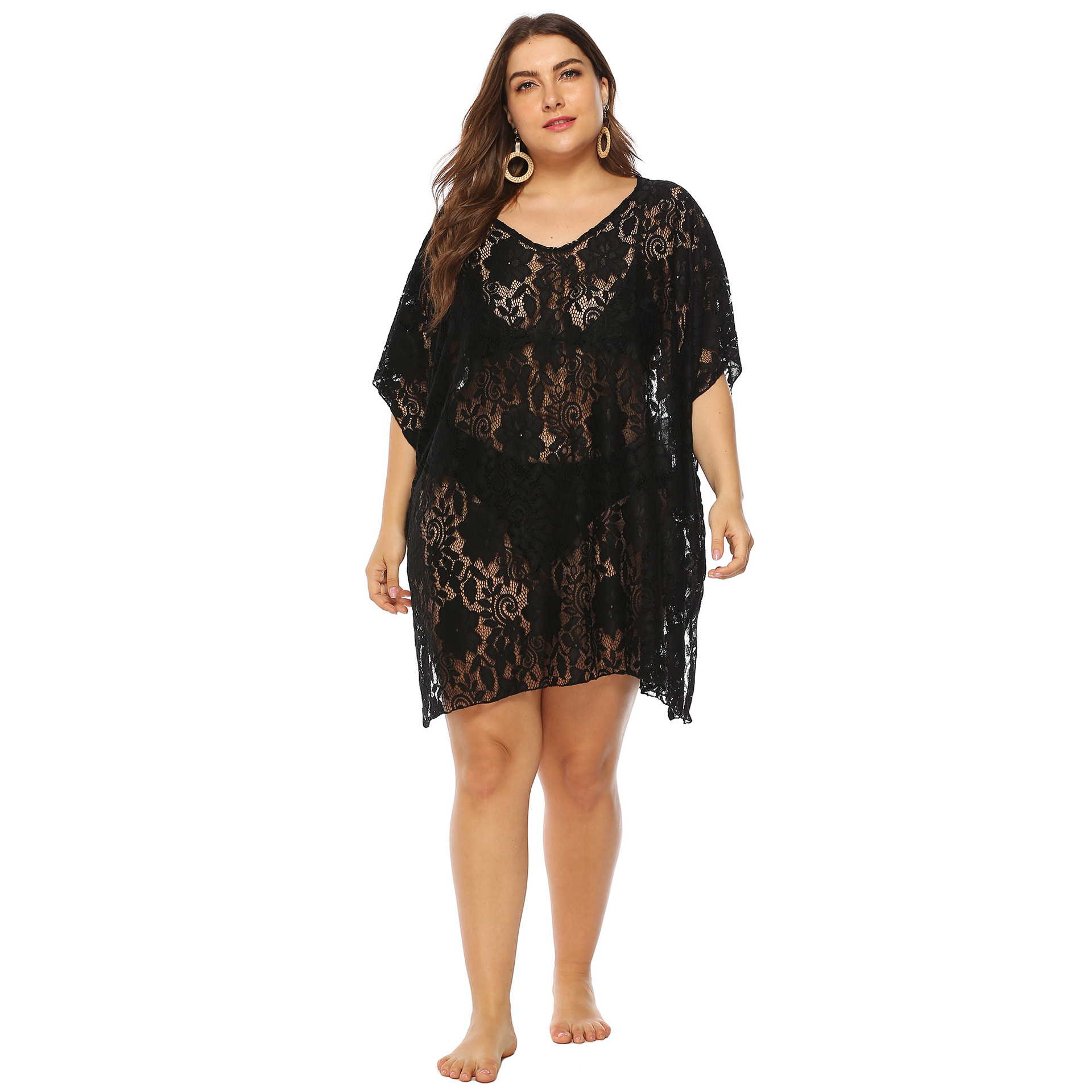 Plus größe frauen kleidung sexy spitze hohl sehen-durch V-ausschnitt split strand kleid bluse_voghion.com