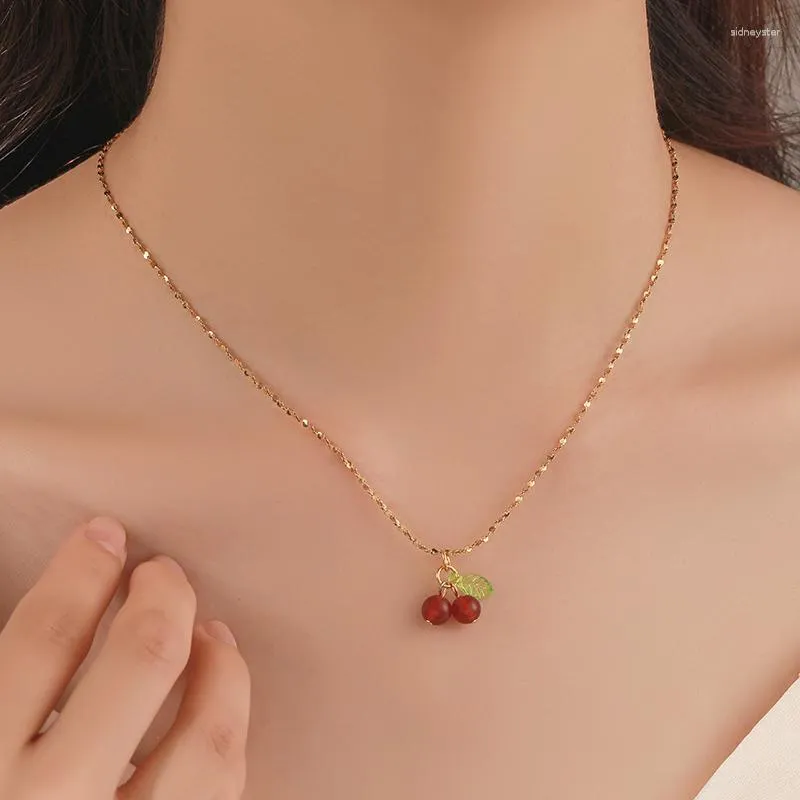 Pendant Necklaces Shoemaking Lovely Cherry Fruit Necklace Stainless Steel Fashion Student Jewelry For Girls Ladies Gift_voghion.com