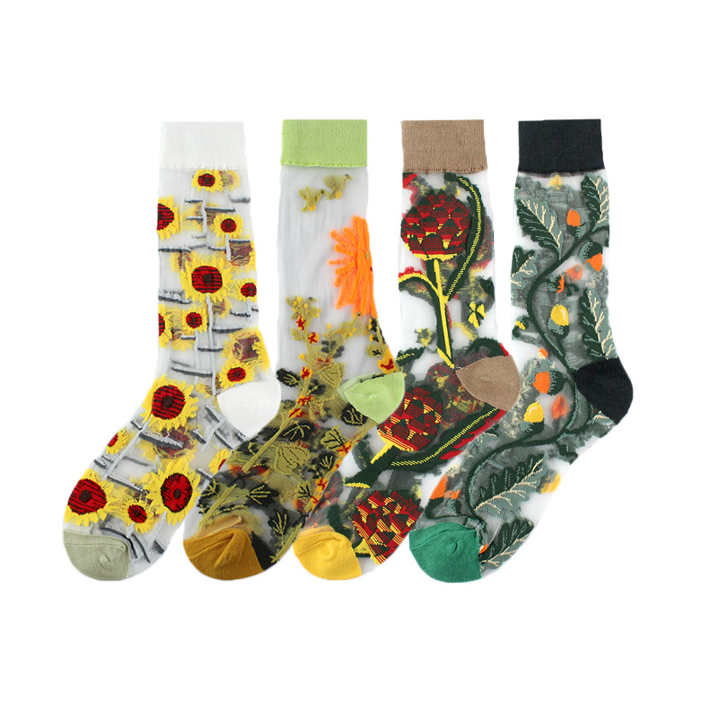 23 Spring/Summer Women's Thin Style Medium Tube Fashion Trendy Wind Flower Dorsen Series Glass Silk Socks_voghion.com