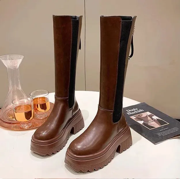Platform Knee-high Boots For Women Leather Winter Motorcycle Style_voghion.com