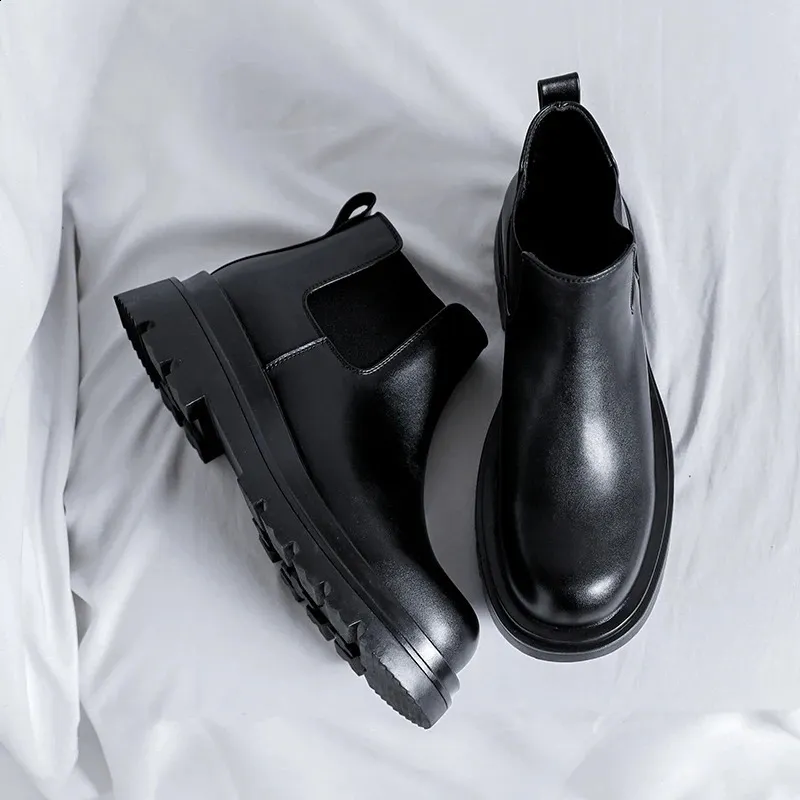Men's Platform Chelsea Boots Leather High Top Elevator Shoes_voghion.com