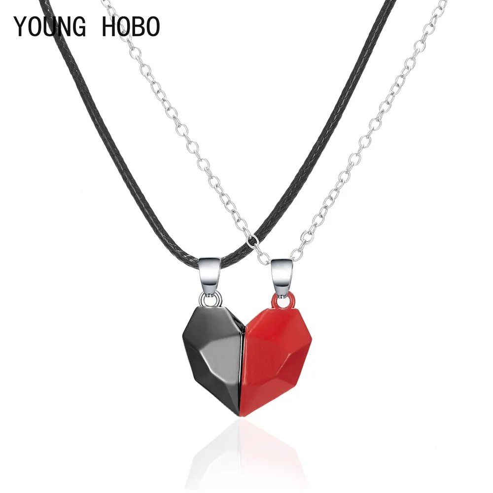 Colliers pendentifs HOBO 2Pcs/Lot Collier couple magnétique Amitié Coeur Distance Charme à facettes Femmes Saint Valentin_voghion.com