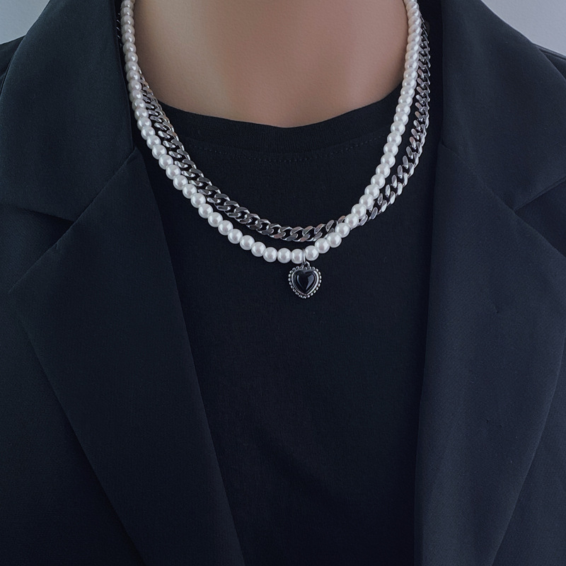 Trendy Titanium Steel Necklace Hip Hop Style Pearl Love Zircon Pendant Men’s And Women’s Double Layer Clavicle Chain
