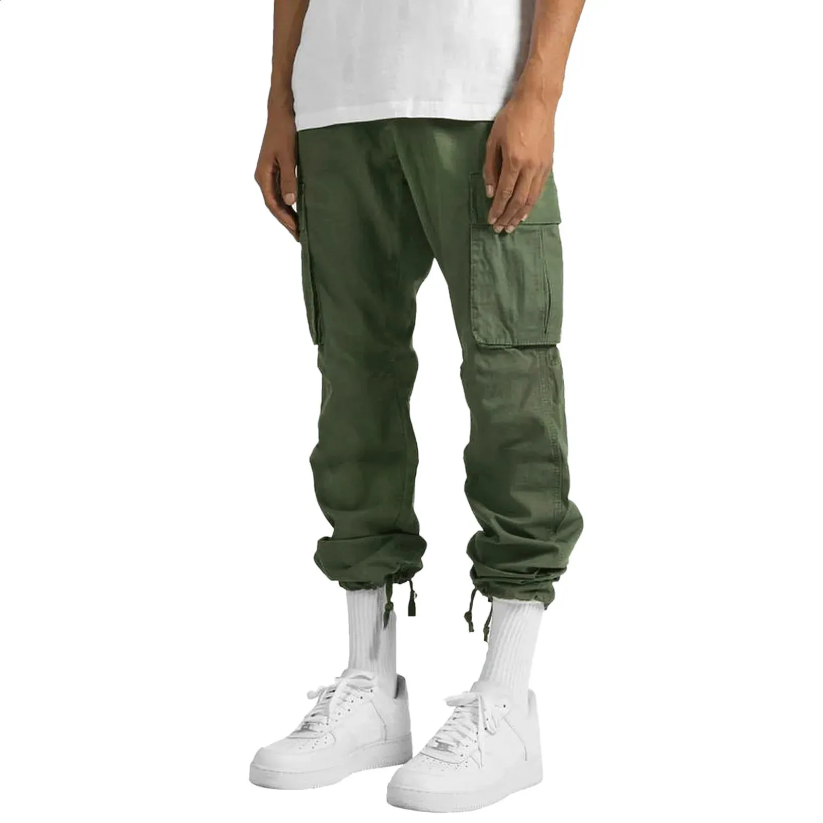 Calças para homens comprimento total cor sólida solta vários bolsos bolsos com cordão calças cargo masculinas 3XL 240813_voghion.com