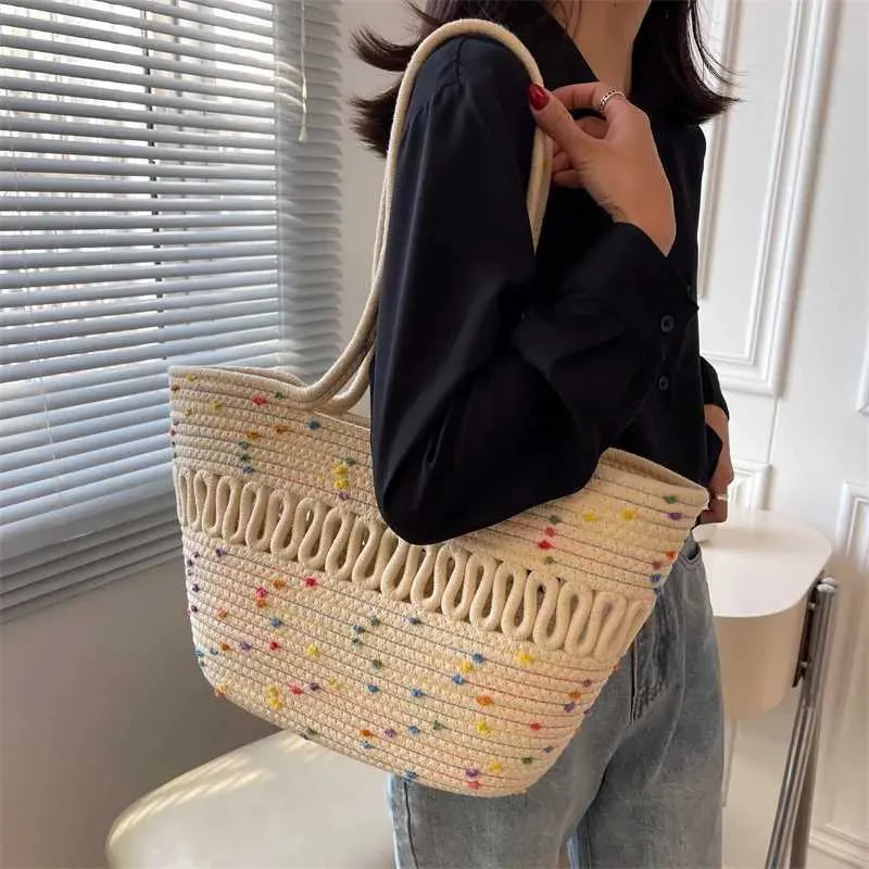 Nuove borse estive da donna in maglia a tracolla, grande capacità, in cotone cavo, casual, da spiaggia, per le vacanze, ecologiche, riutilizzabili_voghion.com