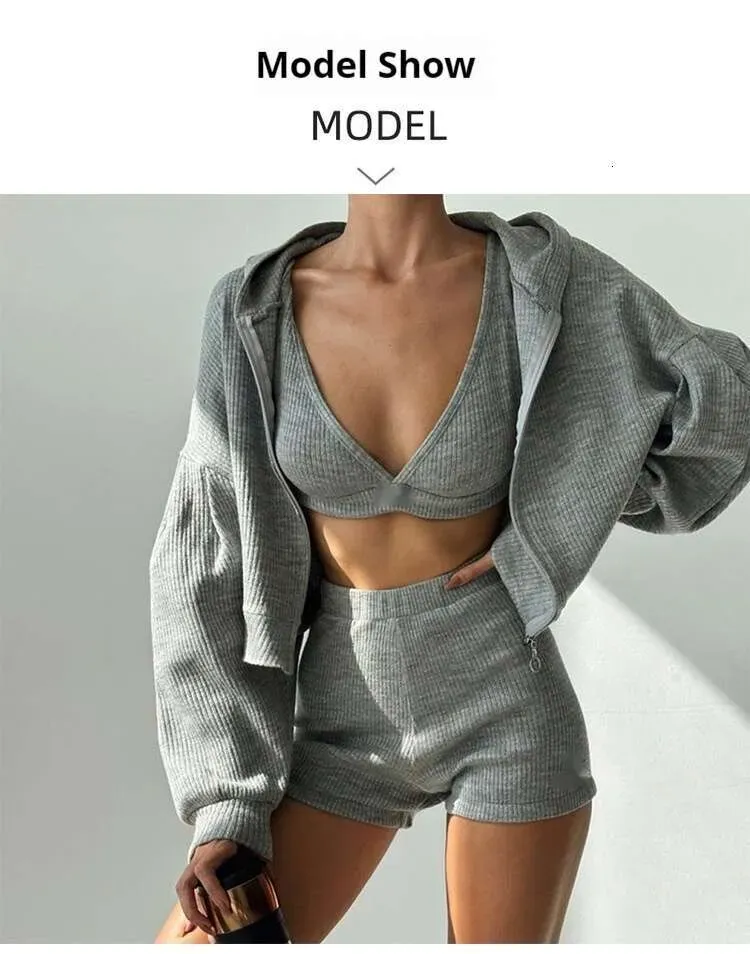 ALL121 Yoga Topp Sweatshorts Hettegenser Tre stk sett Dame Sport Dress Strikket Glidelås Hette Cardigan Sweatshirt Vneck_voghion.com