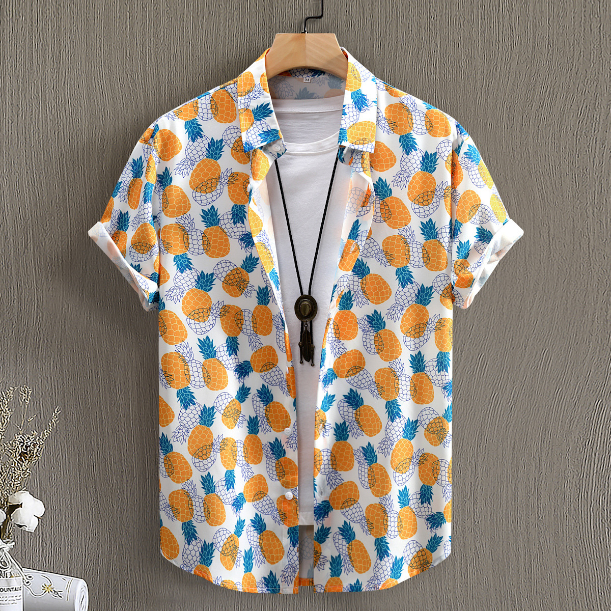 Men's Clothing  yellow and blue pineapple print men's short-sleeved shirt polyester men's shirt digital print summer 2024 new style_voghion.com