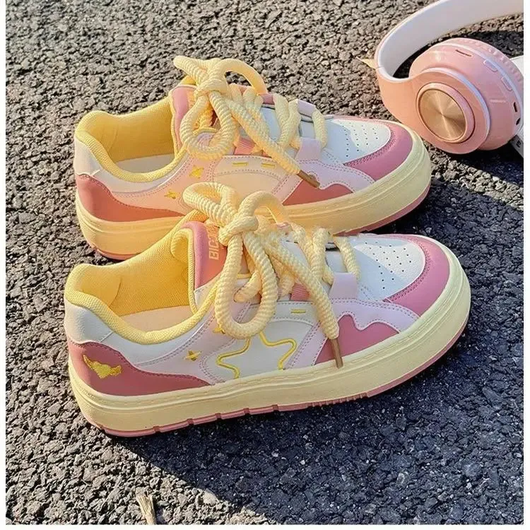 SHANPA Dolce Rosa Donna Sportivo Stile Coreano Moda Kawaii Patchwork Donna Sneakers Casual Leggero Scarpe con Lacci_voghion.com