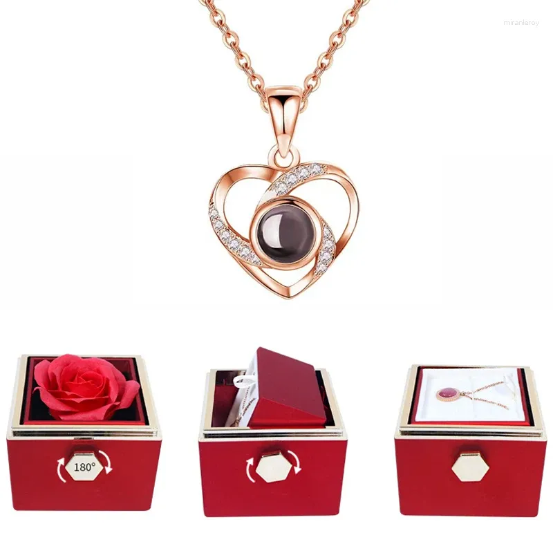 Colliers Pendentifs Collier Projection Avec Rose Rotative Cadeau 100 Langues Je T'aime Coeur Bijoux Pour Femmes Noël