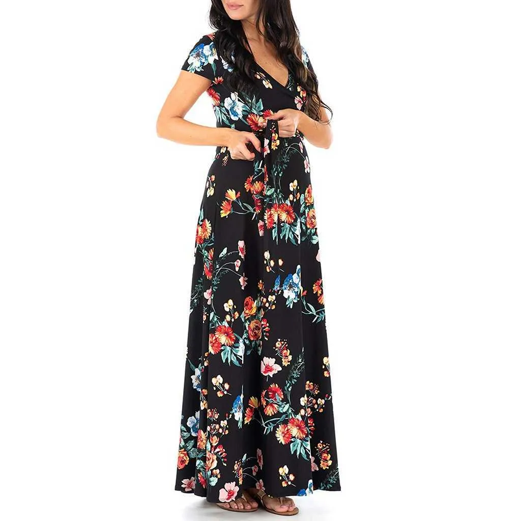 Women's Long Dress Prom Clothes Floral Printed V Neck Summer Pregnancy Dresses For Pregnant Women Maternity Clothing_voghion.com