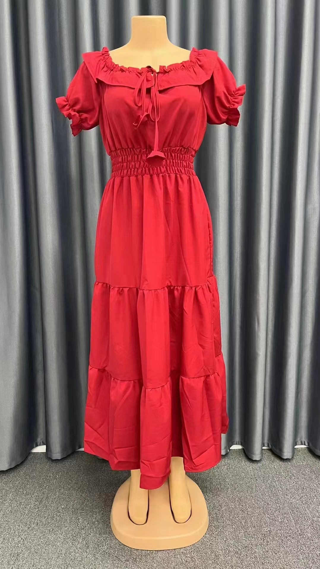 Rosso Beige Denim Cotone Taglia Stretta Floreale Pois Lungo Scollo Off Midi Autunno Estate Fine Cravatta Cerniera Solido Resistente Indumento_voghion.com