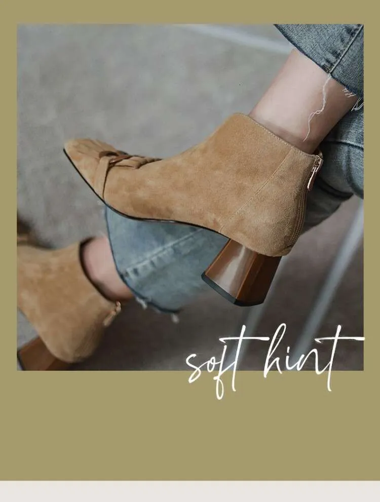New Autumn/Winter Women Sheep Suade Toe Square Heel Mid-Heel Ankle Boots Fringed Zipper Fashion Office Lady Shoes_vogvips.com