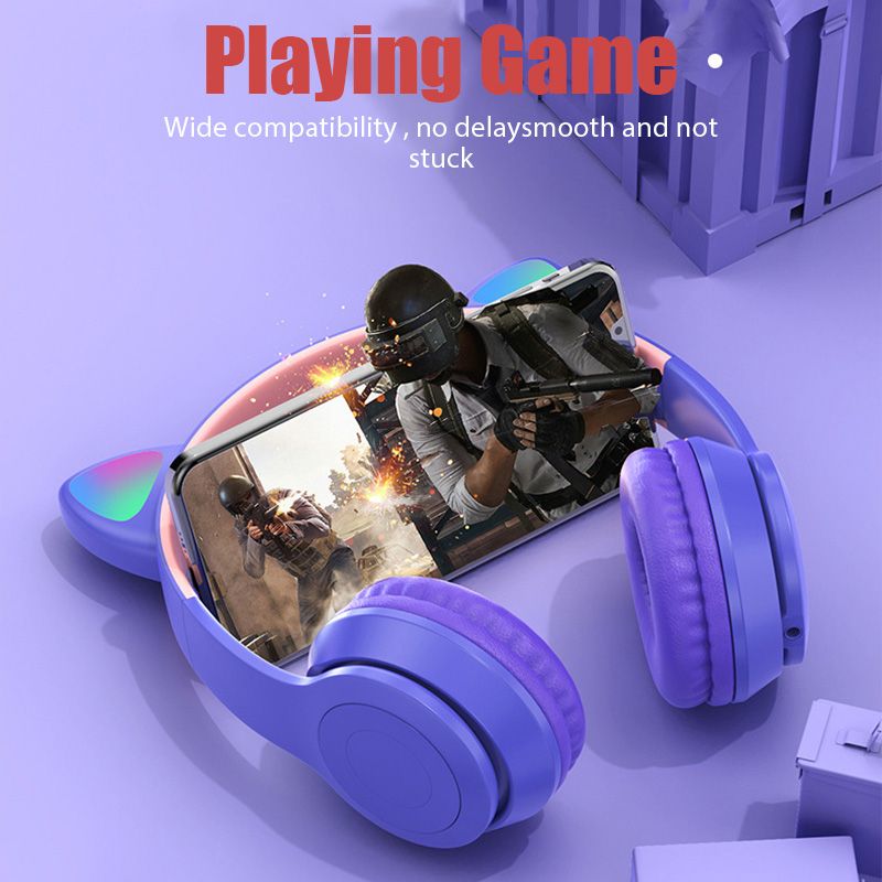 P47M Trådløse Hodetelefoner Blitslys Søte Katteører Telefon Med Mikrofonkontroll LED Stereo Musikk Hjelm Telefon Bluetooth Headset_voghion.com