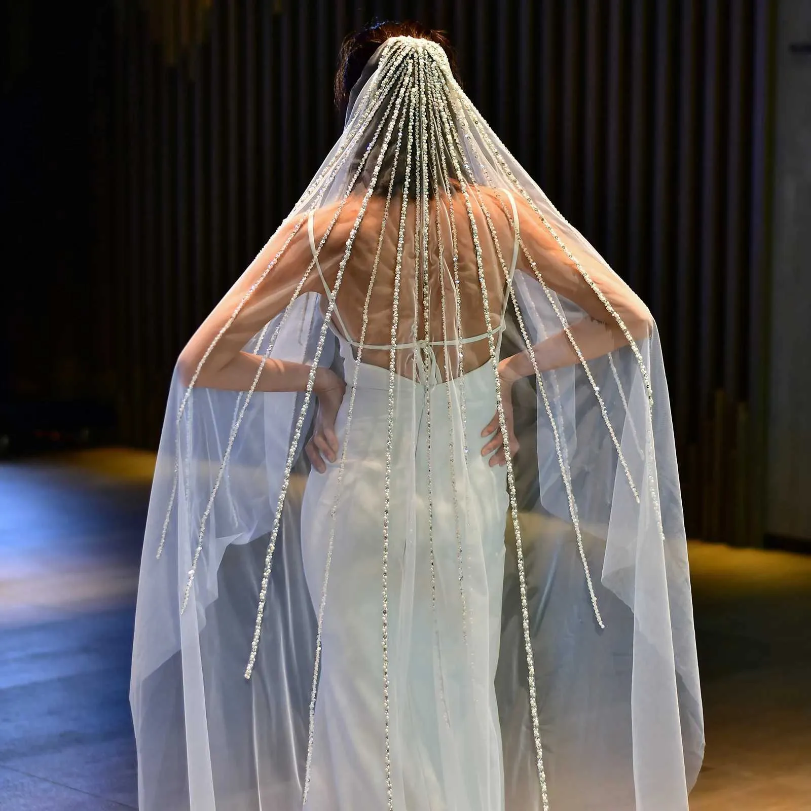 Velo da cattedrale con perline di cristallo, 1 strato, argento, tulle con perline, accessori da sposa bianchi per la sposa_voghion.com