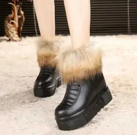 Scarpe invernali calde con zeppa, tacco alto nascosto, cerniera laterale nera, da donna, con plateau e altezza maggiorata_voghion.com