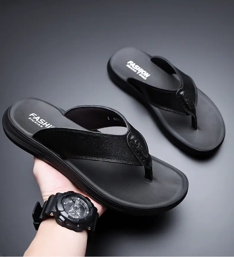 Sandálias de couro bovino de primeira camada, chinelos casuais de verão com estampa espinha de peixe, ideais para uso externo._voghion.com