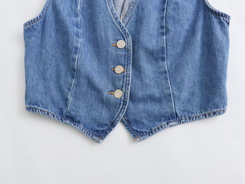 Damenbekleidung Ärmellose Weste hoch taillierter Brustrock Denim zweiteiliger Anzug_voghion.com