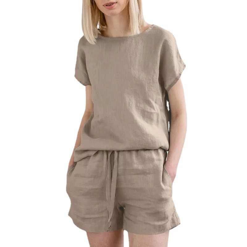 Women's spring short-sleeved urban cotton and linen brown retro fashion casual solid color tops and shorts set_voghion.com