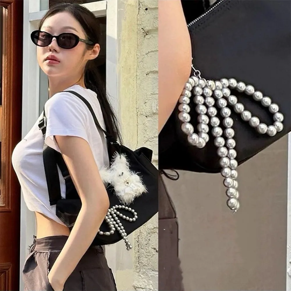 Portachiavi coreano Y2K con perline, fatto a mano, a forma di fiocco, portachiavi a forma di cuore, ornamento con perle, decorazione per borse e telefoni_voghion.com