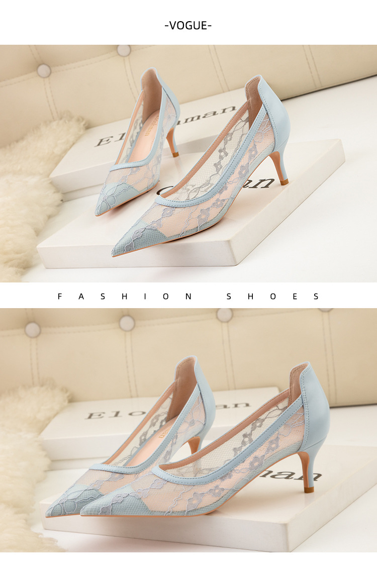 High heel thin heel shallow point flower embroidery lace mesh hollow sexy night club shoes_voghion.com