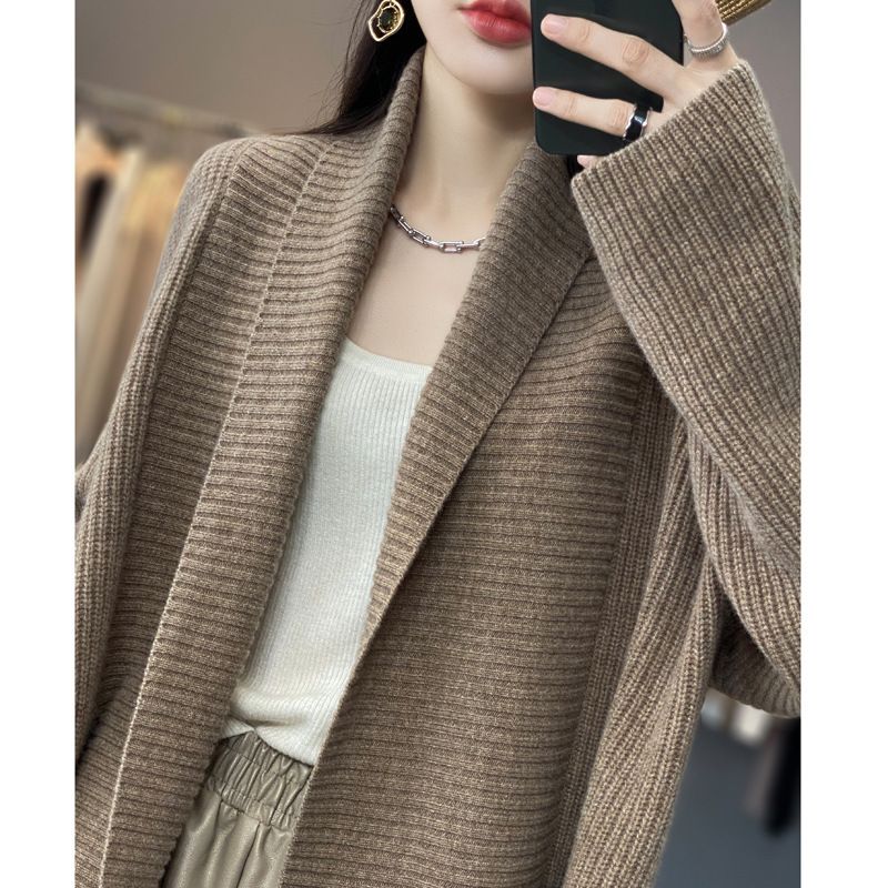 Women's Clothing 2023 mid length lazy style knitted cardigan women's loose design lapel thickened solid color sweater_voghion.com