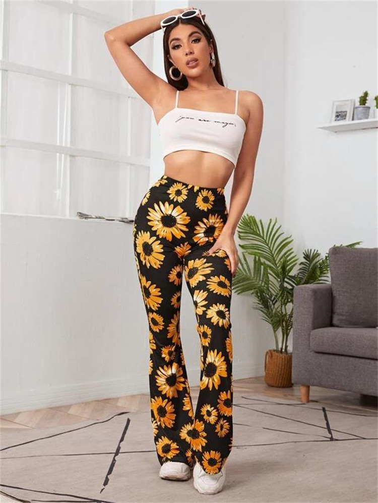 Neue Frühling und Herbst Atmungsaktive Sonnenblumen Blume Hohe Taille Hohe Elastische Casual Hosen_voghion.com