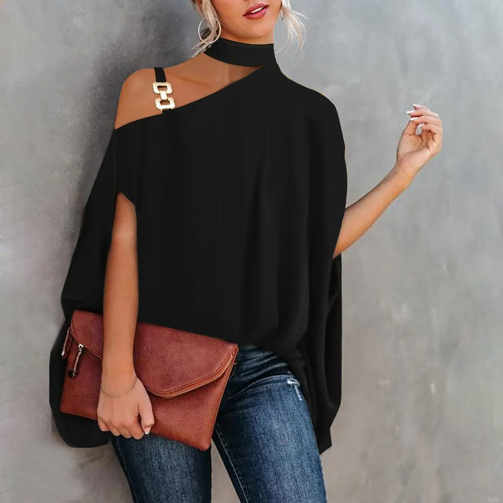 Women's Fashion Digital Print Sexy Diagonal Collar Loose Top