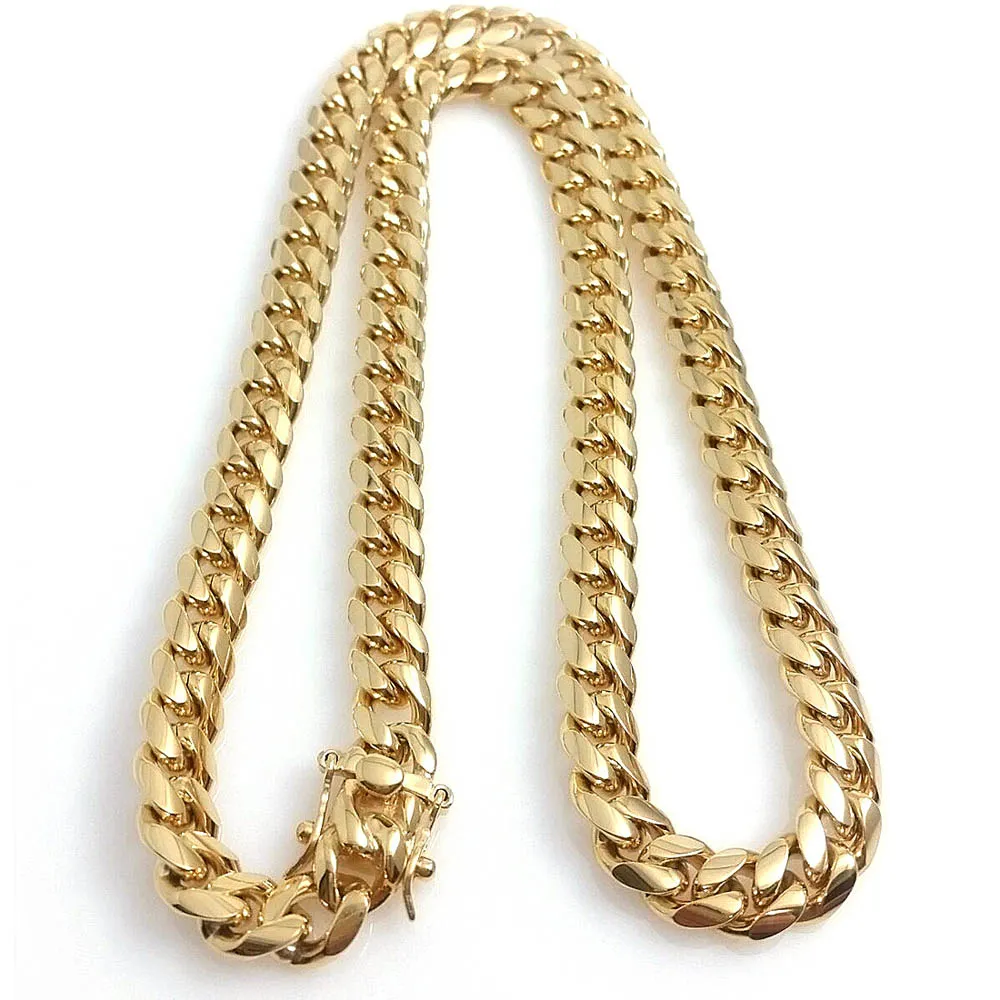 Gold Miami Cuban Link Chain Necklace For Men In Stainless Steel_voghion.com