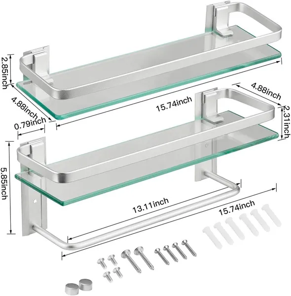 Glass Bathroom Shelf 15.7in Bathroom Shelf Wall Mounted Floating Glass Shelves With Towel Holder Glass Shower Shelf 2 Tier_voghion.com