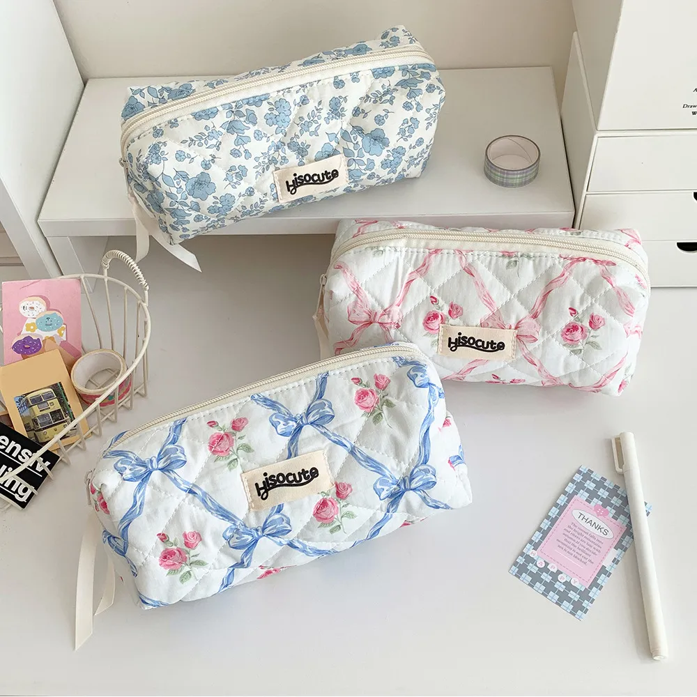 Borsa da trucco con cerniera, grande capacità, portatile, per cosmetici da donna, con fiocco e fiore, per ragazze._voghion.com