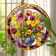 Attrape-soleil en forme de bouquet de tulipes - Art en acrylique sur vitrail de 20 cm. Décoration florale printanière pour porches ou pour une pendaison de crémaillère joyeuse._voghion.com