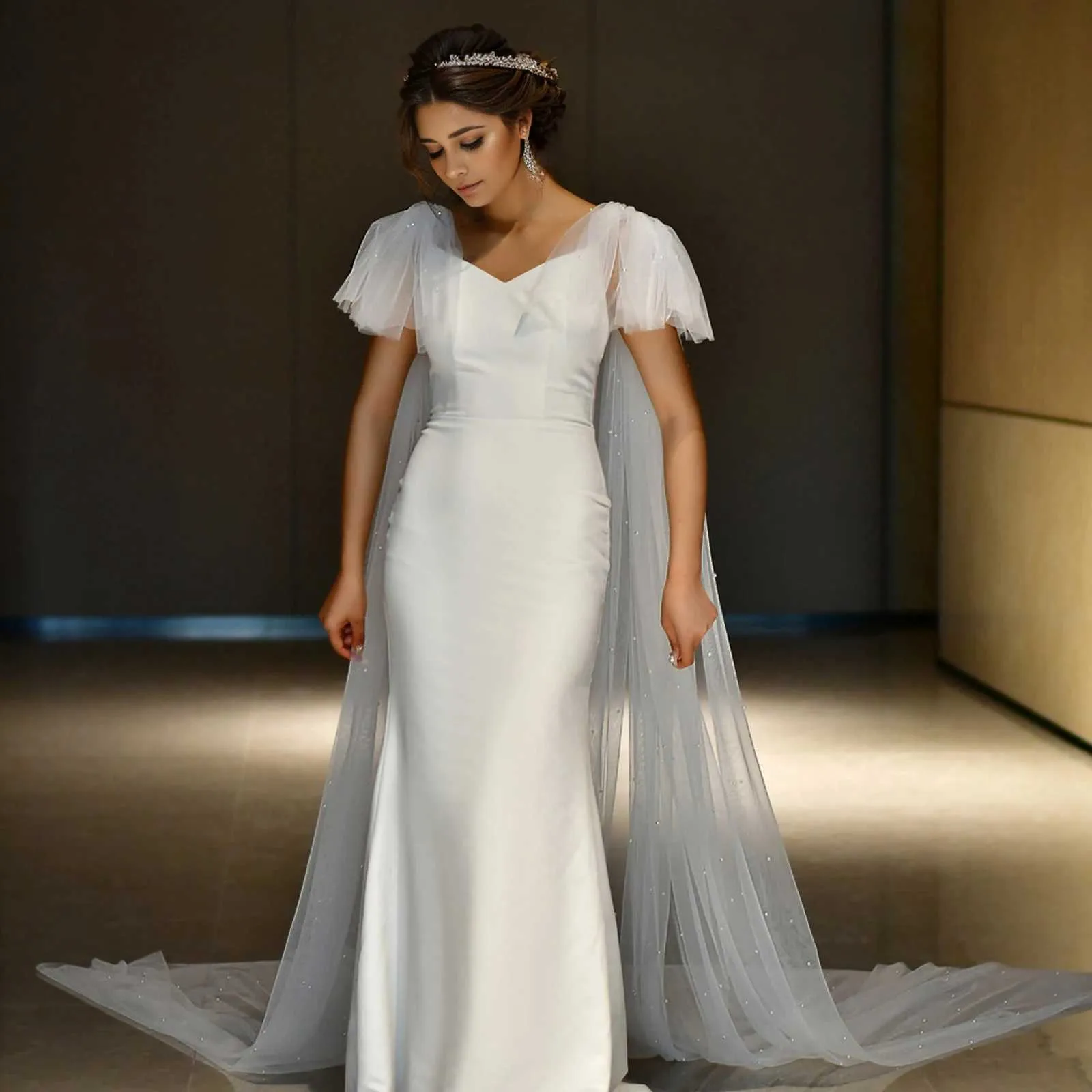 Haarsieraden MZB22 Elegante bruidssluier met vleugels Sexy haltercape met parels Trouwmantel Bolero Plus-size damesfeest_voghion.com