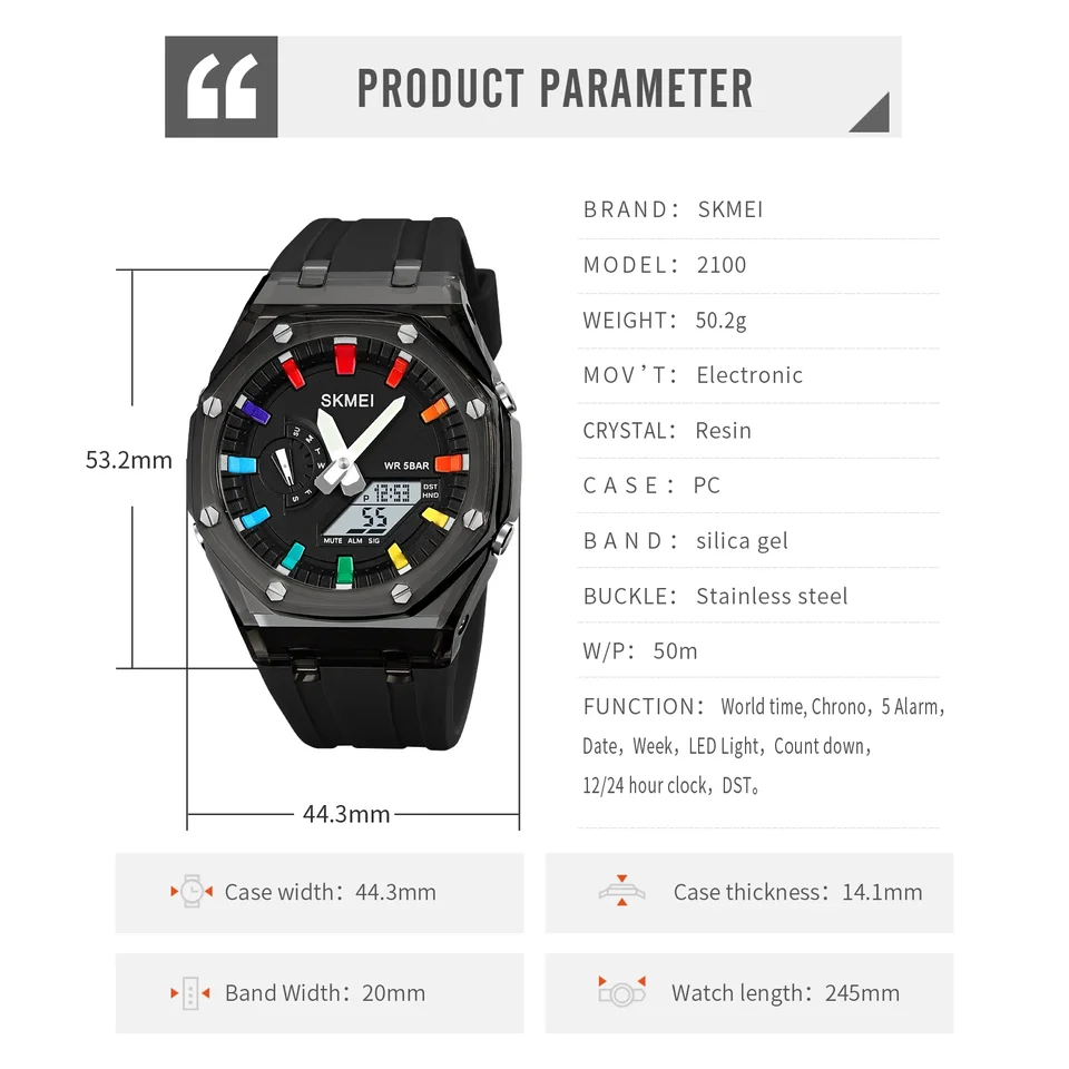 Men's Waterproof Digital Watch With Led Light And 5 Alarms_voghion.com