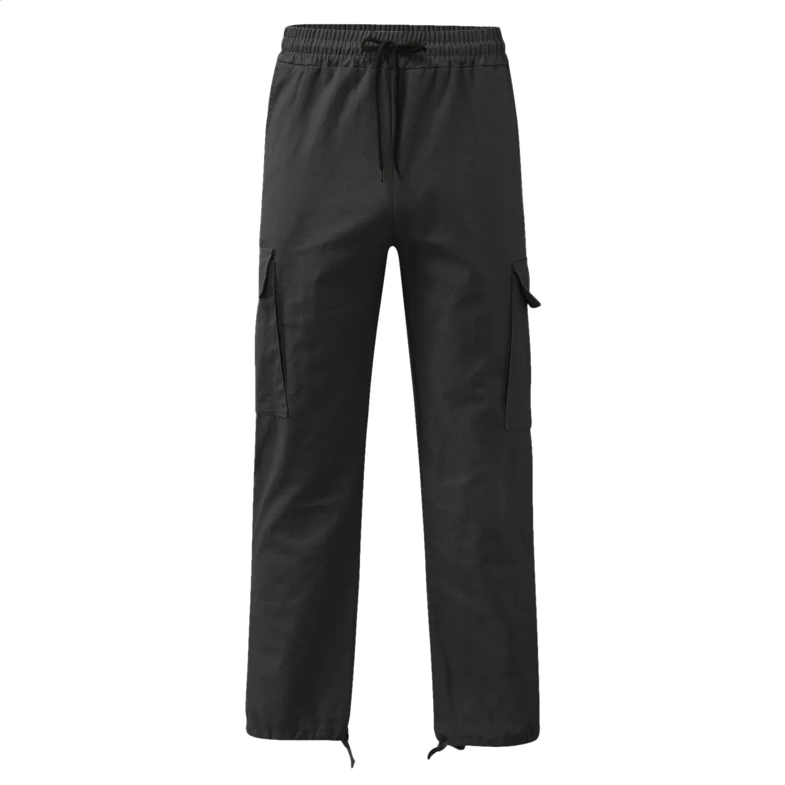 Calças para homens comprimento total cor sólida solta vários bolsos bolsos com cordão calças cargo masculinas 3XL 240813_voghion.com