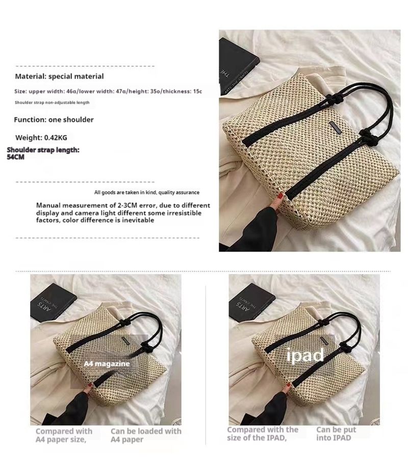 Aushöhlen Papierseil große Kapazität Mode Schnalle einzelne Schulter Gras gewebte Damen Tasche Strandtasche_voghion.com