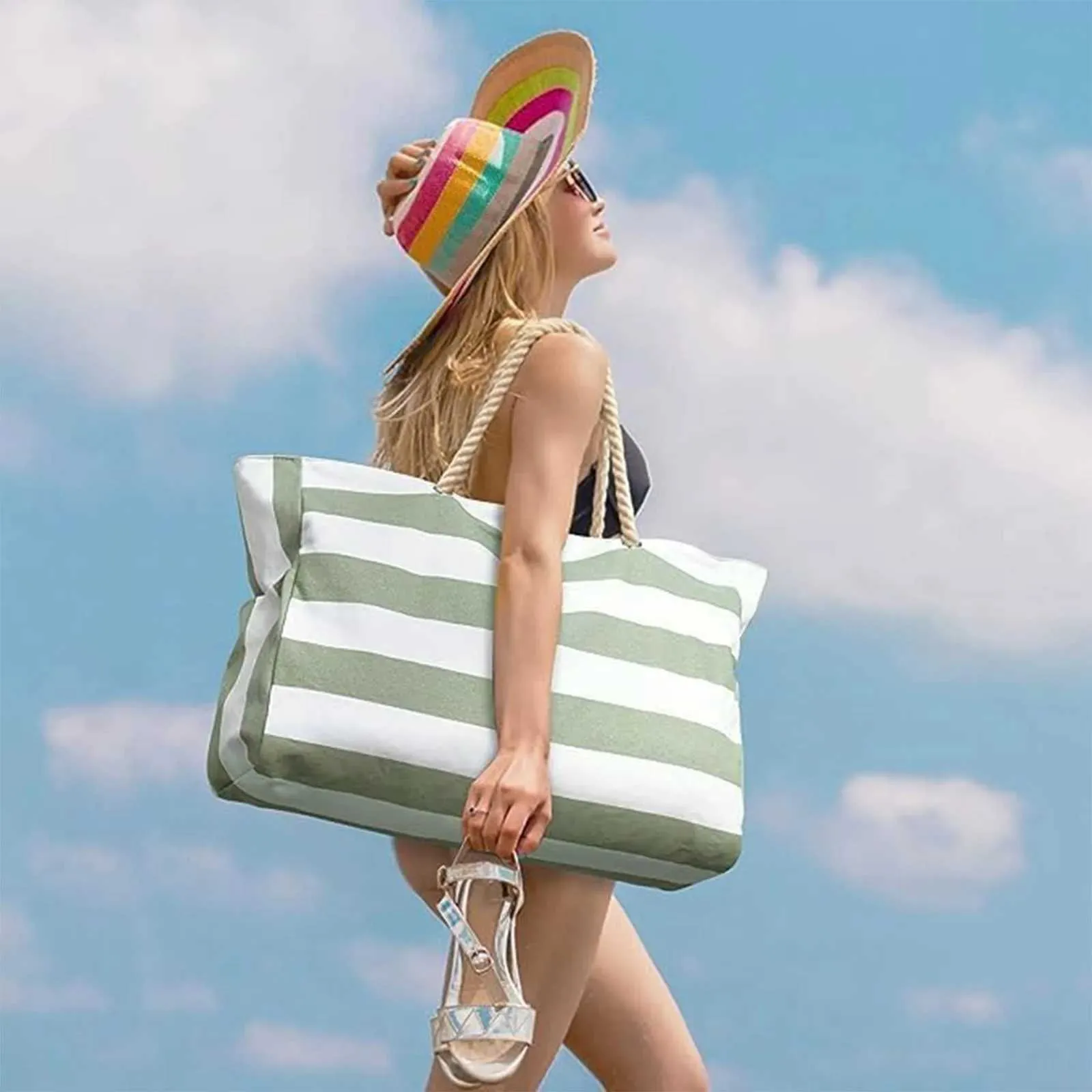 Striped Zipper Double Outer Canvas Polyester Beach Bag For Outdoor Travel Seaside Vacation Large Capacity Bolsos De_voghion.com