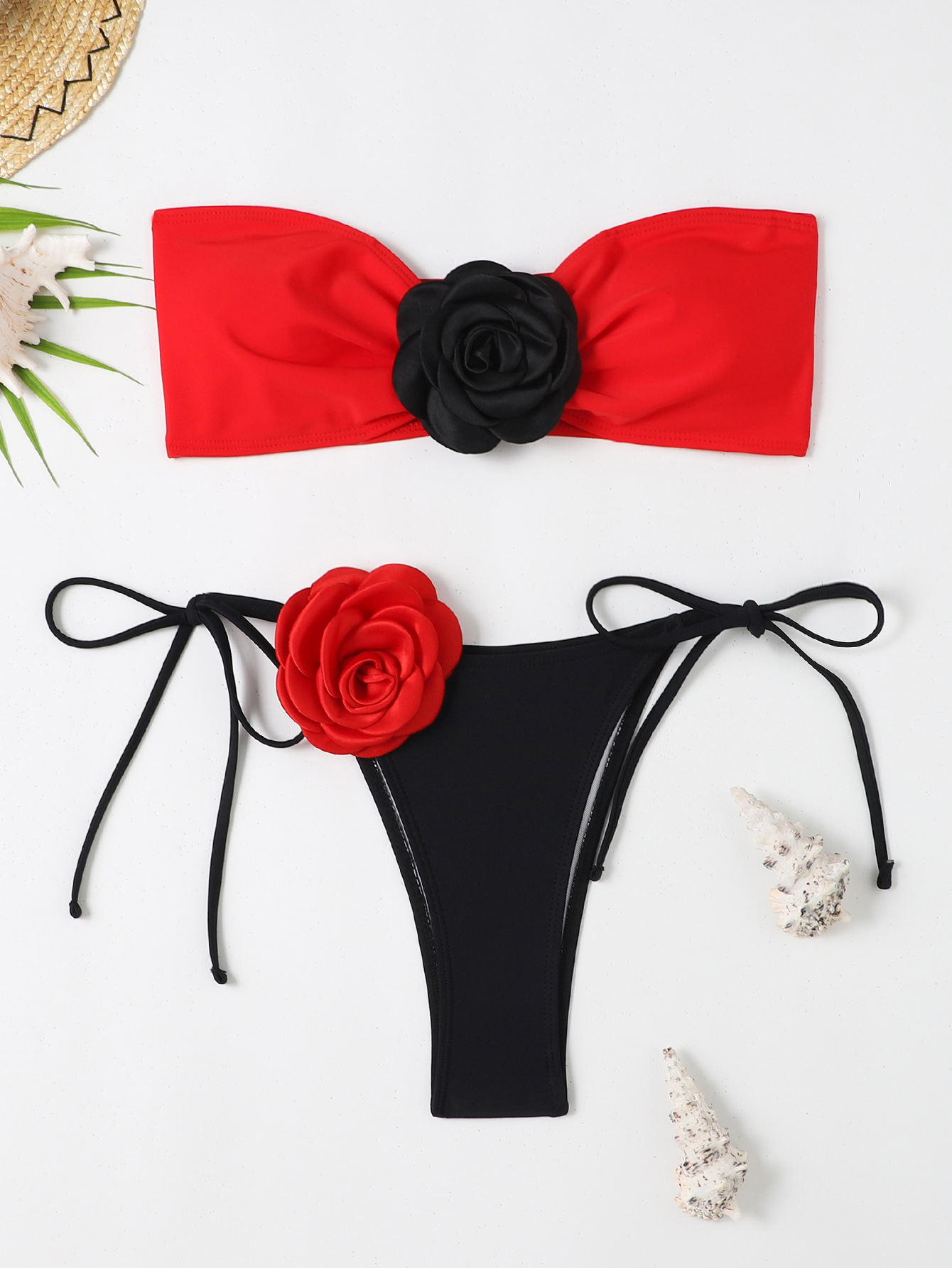  Maillot de bain à lacets pour femmes, couleur contrastée, fleur 3D, haut tubulaire fendu, bikini de plage à la mode_voghion.com