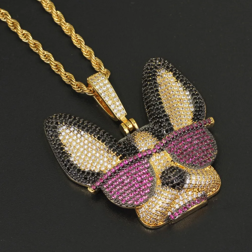 Colgante de latón con circonita cúbica grande y diseño de perro ingenioso con gafas, collar de estilo hip hop helado para hombres y mujeres, joyería de fiesta, regalo CN1371_voghion.com