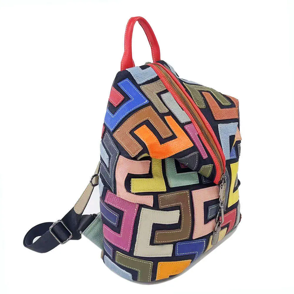 Vintage Lederrucksack Für Damen Bunter Patchwork Reise Rucksack_voghion.com