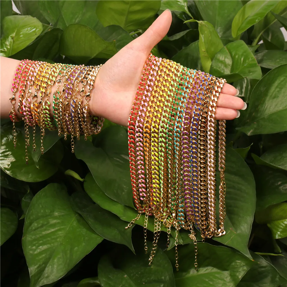Bracciale alla caviglia con maglie cubane a goccia di petrolio alla moda, orecchini multi colore spessi, collana a catena smaltata_voghion.com
