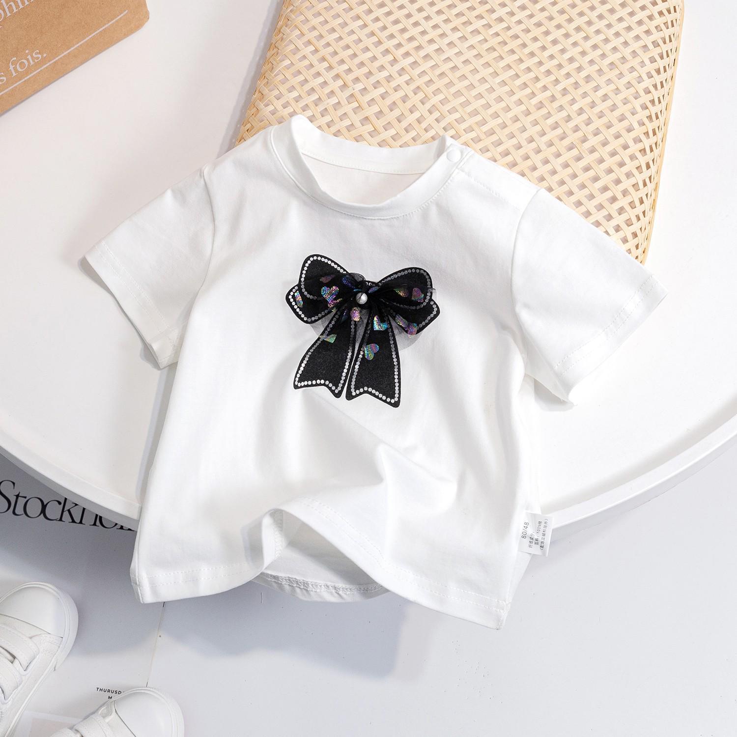 Baby Clothing Children's summer short sleeve candy color fashion simple bow small children short sleeve sweet T-shirt_voghion.com