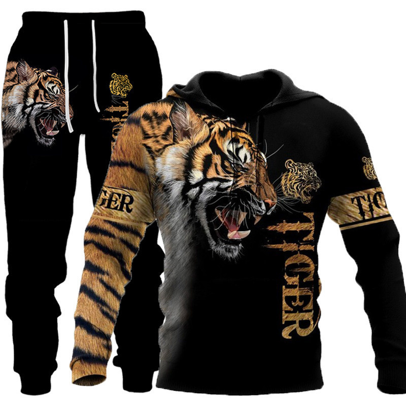  Lion Tiger 3D Digital Print Hooded Sweatshirt Spring Autumn Men's Hooded Set_voghion.com