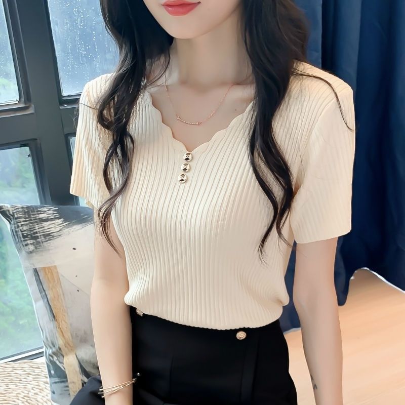 Ice Silk T-shirt Women's 2024 Summer New Slim Fit sleeved Korean V-neck Short Top Knitted Bottom_voghion.com