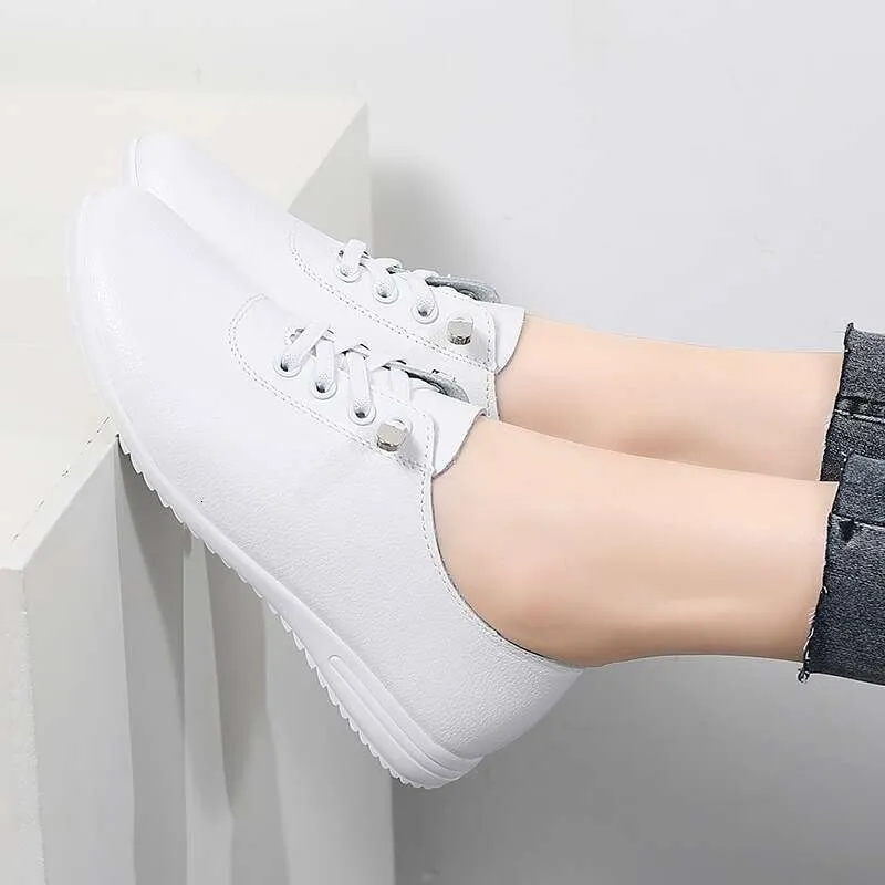 Chaussures plates en cuir blanches pour femmes, nouvelles chaussures de printemps, à enfiler, à semelle souple, décontractées, 456_voghion.com