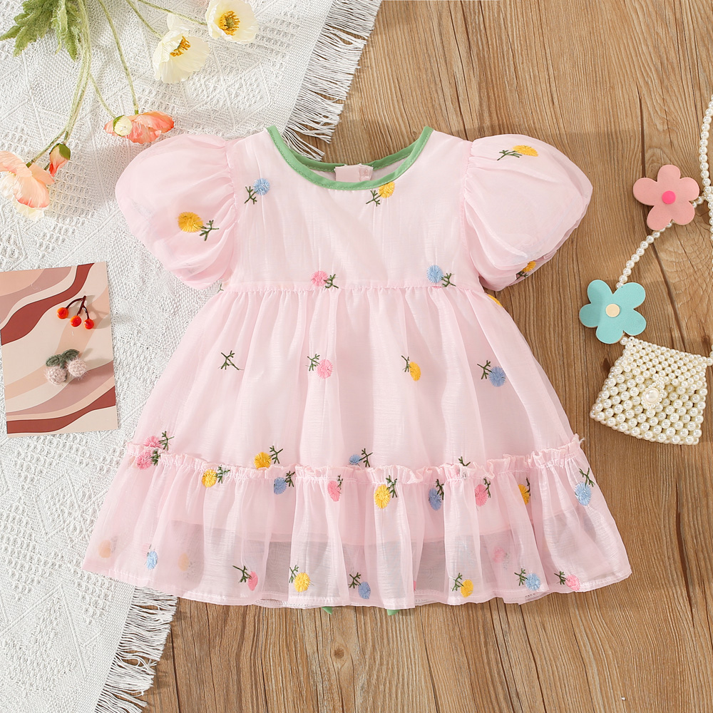 Summer Baby Clothes Puff Sleeve Flower Embroidery Beauty Bow Dress Children's Dress_voghion.com