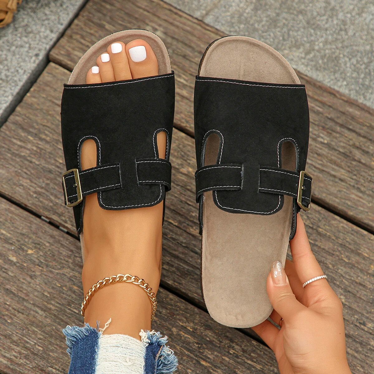 Damen Sandalen mit dickem Fußbett, klassisch, für den Strand, flach, für den Sommer, lässig, rutschfest, mit Fußgewölbeunterstützung_voghion.com